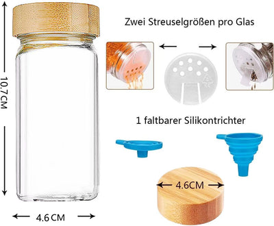 Danillous Gewürzgläser Eckig - 24er Set mit Bambusdeckel, Streueinsatz, vorgedruckten Etiketten (360 Stück, 180 Gewürznamen), stylischen schwarzen und weißen Aufklebern & Silikontrichter