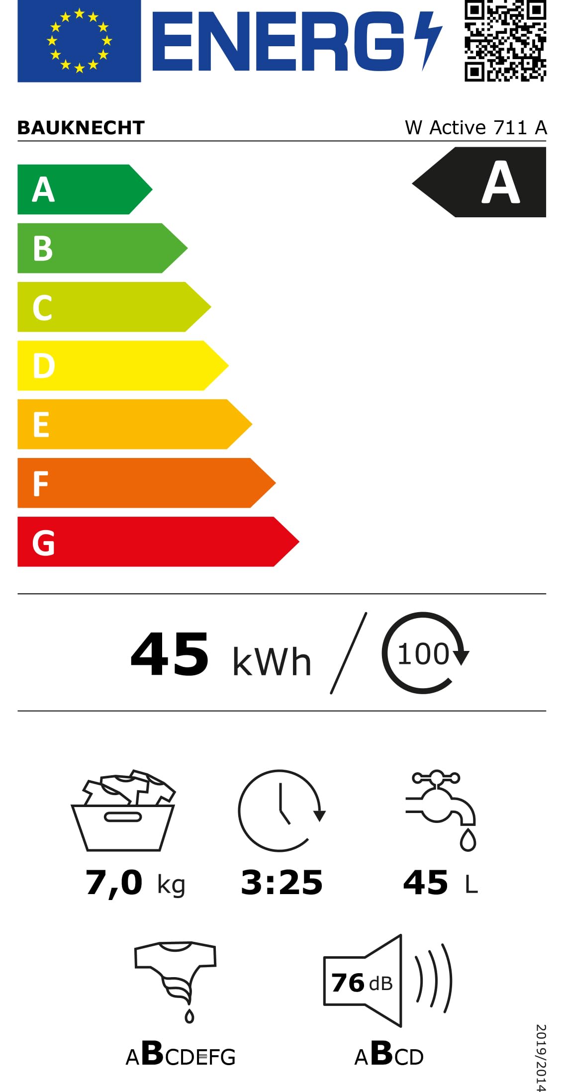 Bauknecht W Active 711 A Waschmaschine Frontlader/ 7kg/ Energieeffizienzklasse A/Kraftvolle Fleckentfernung/Dampf Programme/Steam Hygiene mit Antivirus/Steam Refresh/Stopp&Add Nachlege-Funktion