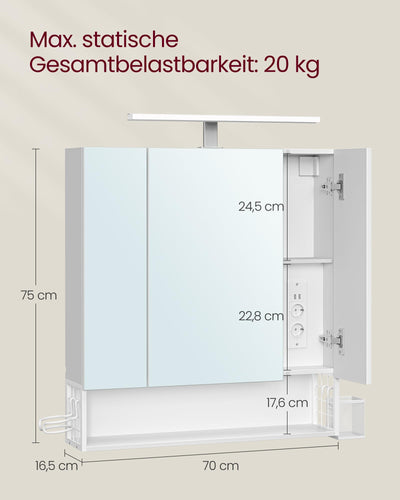 VASAGLE Badezimmerschrank mit 3 Türen, Spiegelschrank, Wandschrank, Steckdosen, Hängekorb, Haartrockner-Halter, viel Stauraum, für Badezimmer, 16,5 x 70 x 75 cm, wolkenweiß BBK126W01