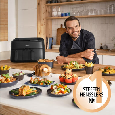 Philips Dual Basket Airfryer 3000-Serie, 9L, 2 Schubladen, Synch-Funktion, Rapid Air Technologie, Vielseitige Große Heißluftfriteuse, 90% Weniger Fett und Energiesparend, HomeID-App (NA350/00)