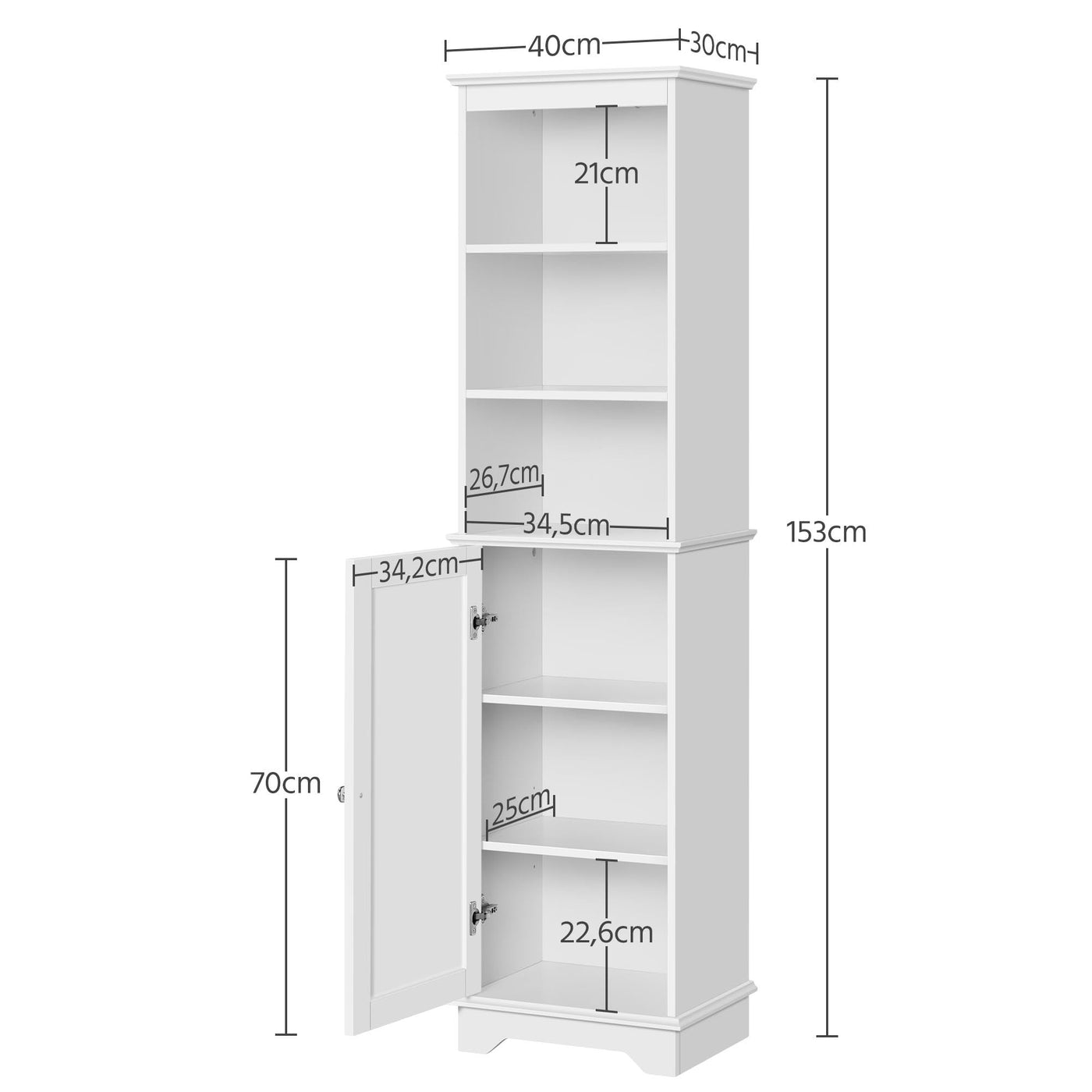 Yaheetech Badezimmerschrank Hochschrank Badschrank mit 3 Ablagefächer und 1 Tür Bodenschrank Badkommode Badregal mit verstellbarem Einlegeboden fürs Badezimmer Wohnzimmer Küche Flur, 40 x 30 x 153 cm