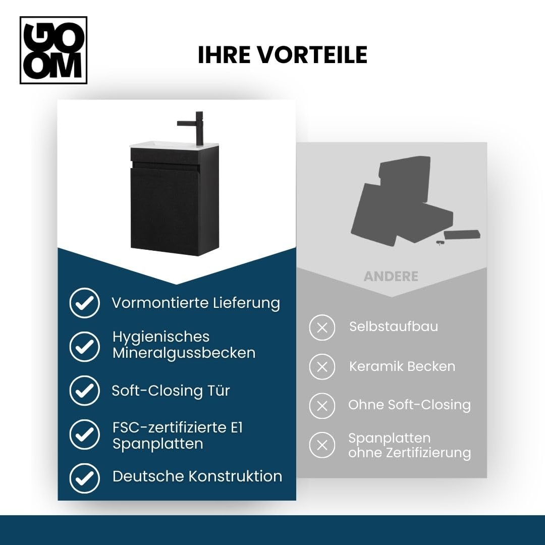 GOOM Gäste-WC Waschtisch Set 40 cm Badmöbel Vormontiert Klein Waschbecken mit Unterschrank (Schwarz)