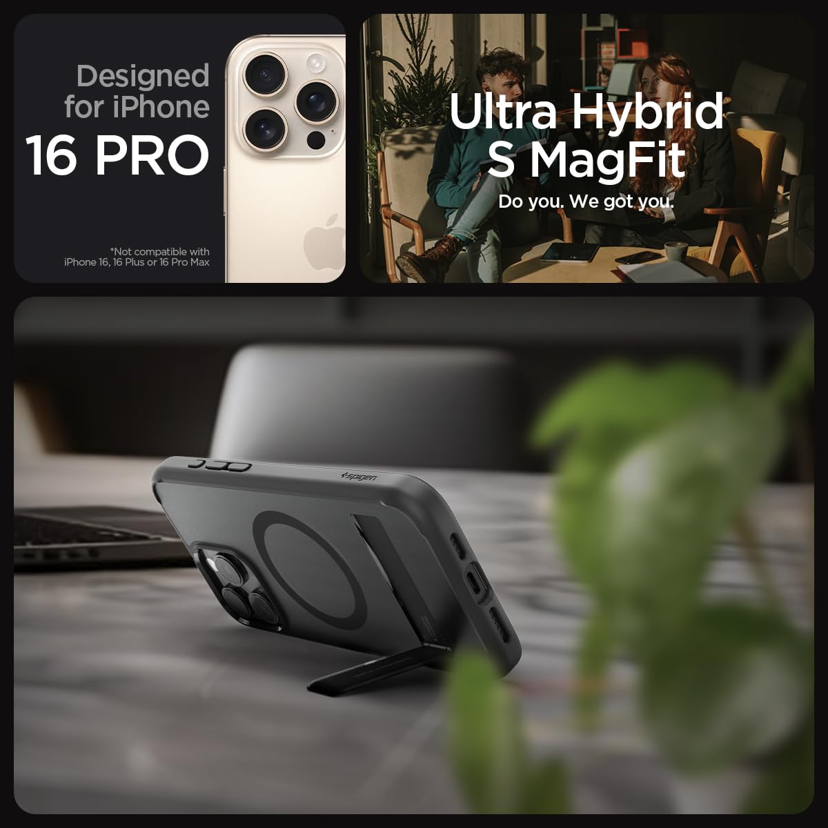 Spigen [All-in-One Ständer für iPhone 16 Pro Hülle Ultra Hybrid S MagFit für MagSafe [Verbesserte Magnestärke] Stoßfest Kratzfest Handyhülle Case -Frost Black