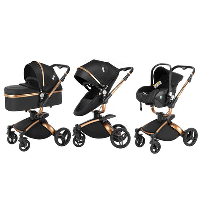 MoLi PU-Leder Kinderwagen 3 in 1, Kinderwagen mit 360° Drehbarem Cabrio-Sitz, Buggy mit Großer Bequemer Babywanne, Kombikinderwagen 3 in 1 Rahmen Aluminiumlegierung Faltbar Hohe Landschaft (906 Noir)