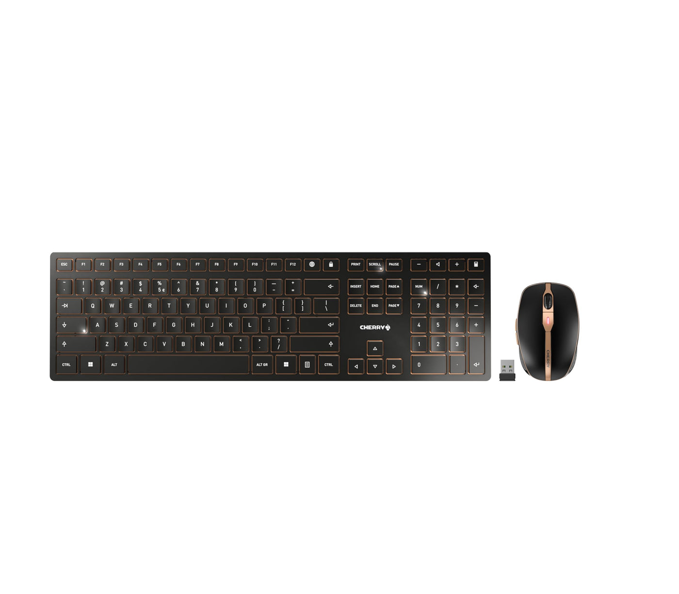 CHERRY DW 9100 SLIM, Kabelloses Tastatur- und Maus-Set, EU-Layout (QWERTY), Bluetooth & 2,4 GHz Funk, Leise Tasten, Wiederaufladbar, Schwarz-Bronze