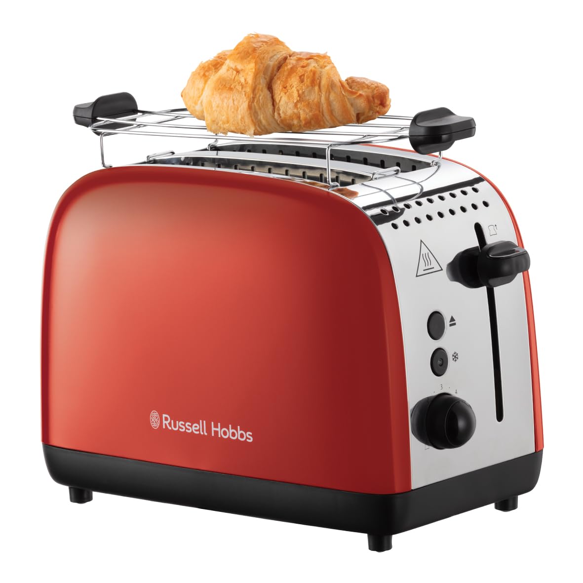 Grille-pain Russell Hobbs [pour 2 tranches] Colours Plus Acier inoxydable Rouge (fentes de toast extra larges, y compris chauffe-petits pains, 6 niveaux de brunissage + fonction décongélation, fonction Lift &amp; Look, 1600 W) 26554-56