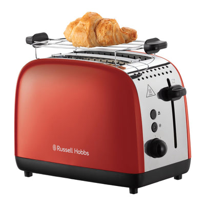 Grille-pain Russell Hobbs [pour 2 tranches] Colours Plus Acier inoxydable Rouge (fentes de toast extra larges, y compris chauffe-petits pains, 6 niveaux de brunissage + fonction décongélation, fonction Lift &amp; Look, 1600 W) 26554-56