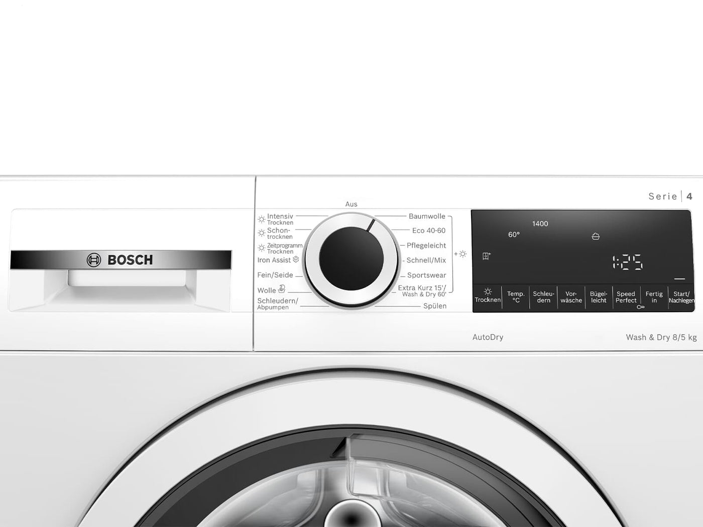 Bosch WNA13470, Serie 4, Waschtrockner, 1-8kg, 8 kg Waschen & 5 kg Trocknen, 1400 UpM, AutoDry optimale Trocknung, Extra leise, Waschen und Trocknen in 60 Min., Iron Assist, Nachlegefunktion, AquaStop