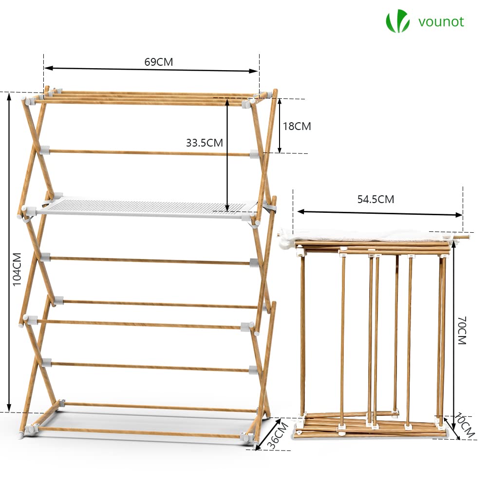 VOUNOT Ausziehbarer Wäscheständer Klein, Klappbarer Turmwäscheständer, Platzsparender Standtrockner mit 3 Ebenen, Holz Imitiert