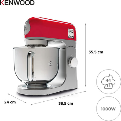 Kenwood kMix KMX750RD Küchenmaschine, 5 l Edelstahl Schüssel, Safe-Use-Sicherheitssystem, Metallgehäuse, 1000 Watt, inkl. 3-Teiligem Patisserie-Set und Spritzschutz, Rot