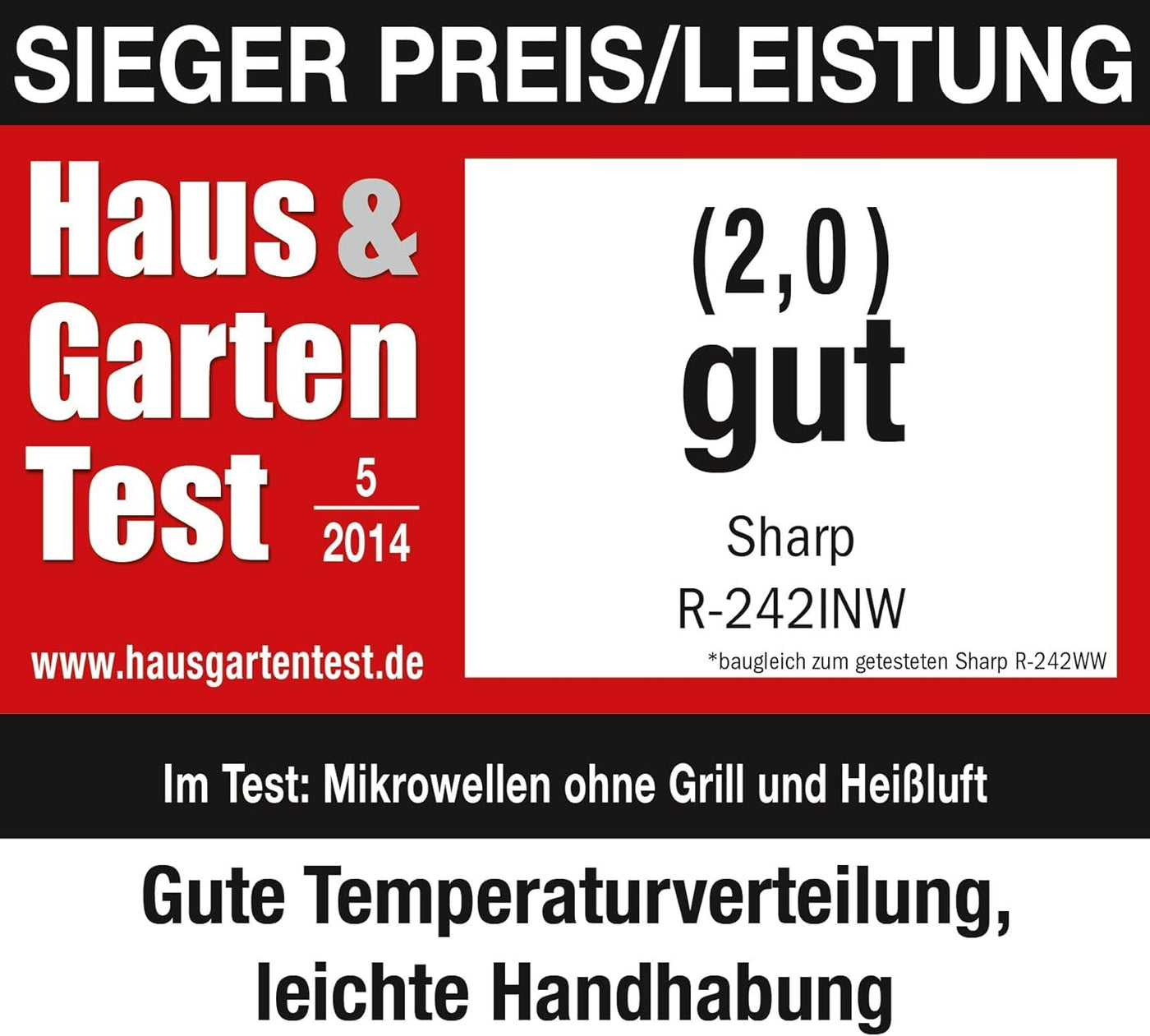 Sharp R242INW Solo-Mikrowelle / 20 L / 800 W / 5 Leistungsstufen / 8 Automatikprogramme / Gewicht- und zeitgesteuerte Auftauen / Kindersicherung / Energiesparmodus / Glasdrehteller (25,5 cm) / silber