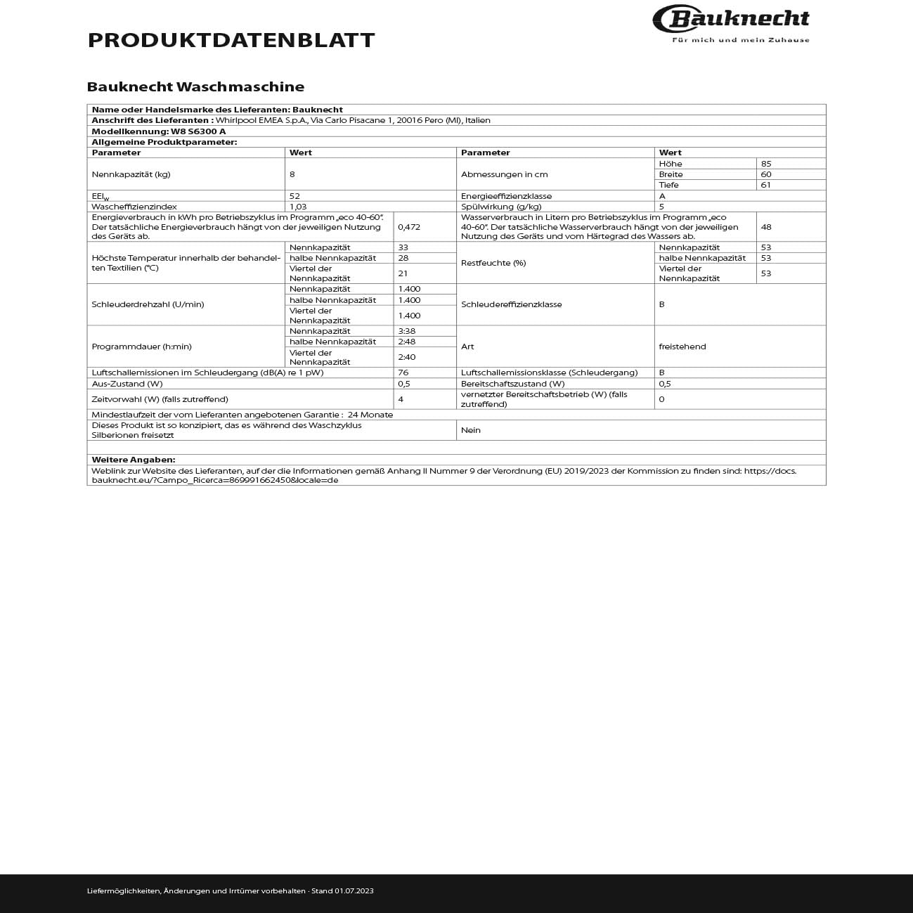 Bauknecht W8 S6300 A Waschmaschine Frontlader / 8kg / EEK A/Kurz 30 / Kurz 45 / Kraftvolle Fleckenentfernung/Anti-Allergie-Programm/Wolleprogramm/Schwarz/Langlebiger Inverter-Motor