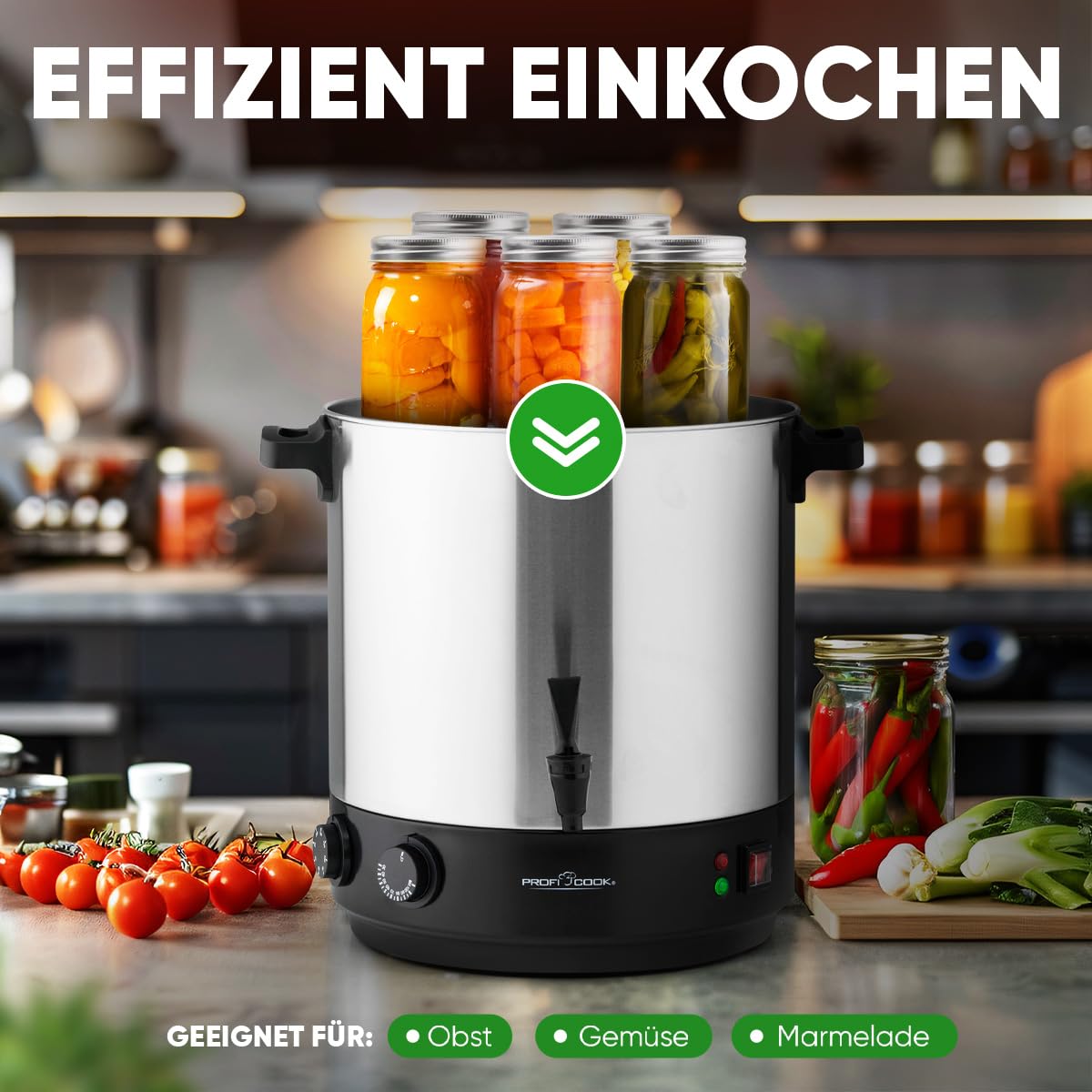 ProfiCook® 2in1 Heißgetränke- & Einkochautomat | 32L Tank | Warmhaltefunktion | Timer | 2100W | 30°C - 100°C | Einkochtopf Edelstahl | Heiß-Getränkespender mit Ablaufhahn | PC EKA 1283