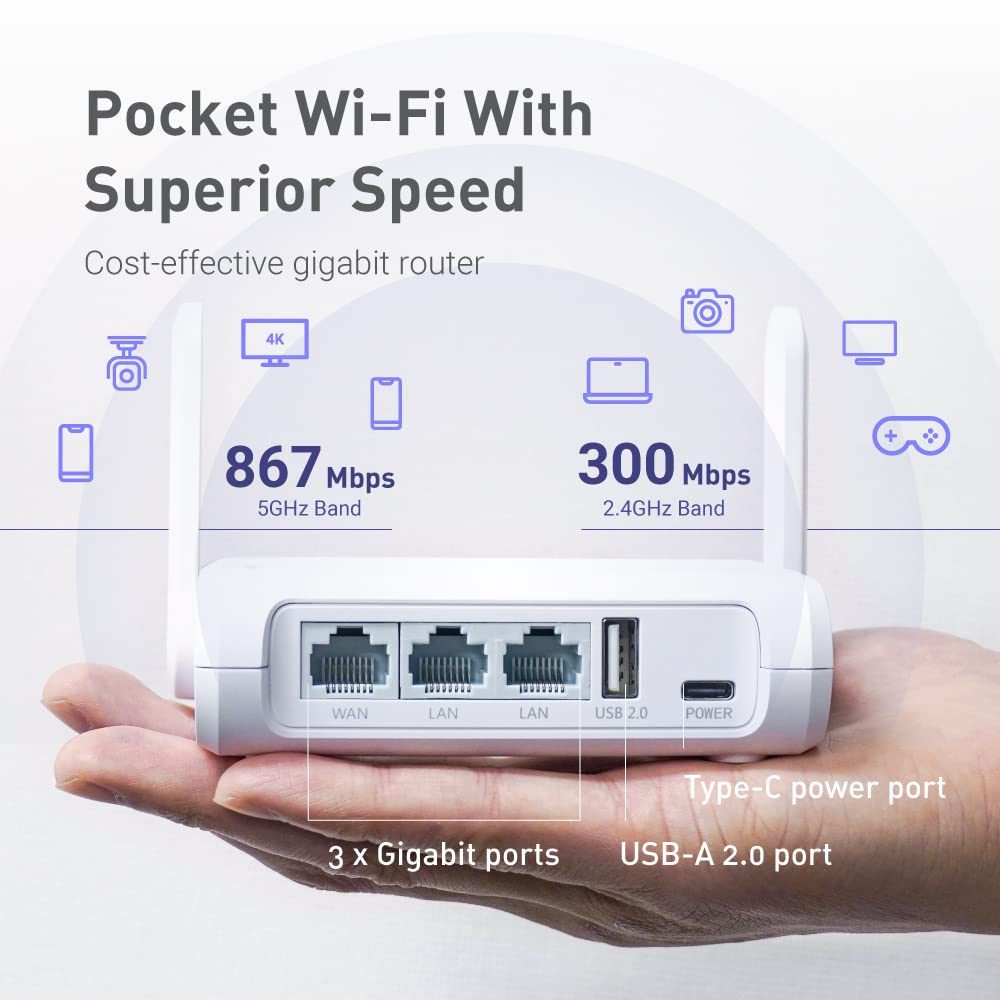 GL-SFT1200 (Opal) Sicherer WLAN-Router für unterwegs – AC1200 Dualband-Gigabit-Wireless-Internet-Router | IPv6 | USB-2.0 | MU-MIMO | 128 MB Arbeitsspeicher | Repeater-Brücke | Access Point-Modus