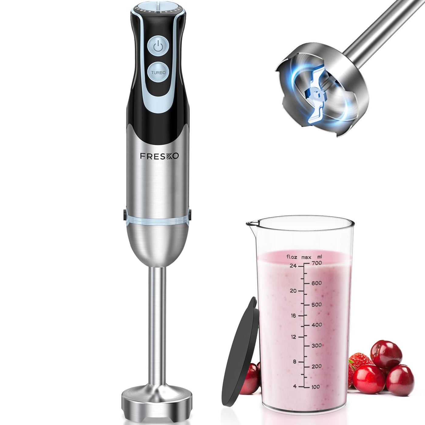 FRESKO Stabmixer, 1000W Edelstahl pürierstab mit 12 Geschwindigkeitsstufen, TURBO-Taste, 700ml Becher mit Deckel für die Zubereitung von Soße, Babynahrung und Suppe