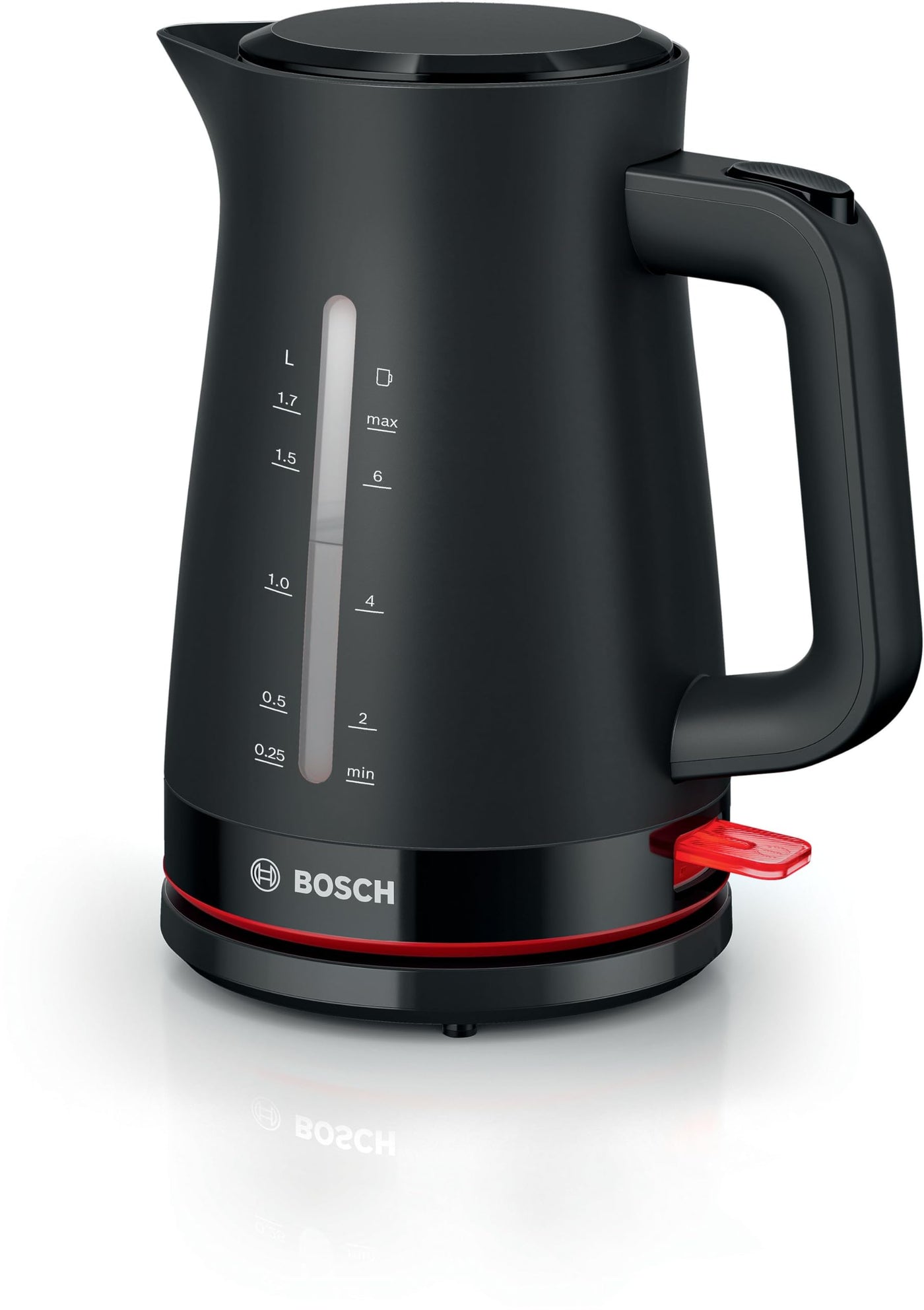 Bosch kabelloser Wasserkocher MyMoment TWK3M123, Abschaltautomatik, Überhitzungsschutz, Tassenanzeige, beidseitige Wasserstandsanzeige, entnehmbarer Kalkfilter, 1,7 L, 2400 W, Schwarz matt