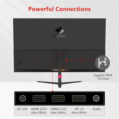 Z-Edge 25 Zoll (24,5 Zoll) Gaming Monitor 240Hz 1ms MPRT 1080P Full HD VA Panel, 350cd/m² Helligkeit, Rahmenlos Design, FreeSync, HDMI 2.0 & DisplayPort 1.4, VESA Kompatibel - Schwarz