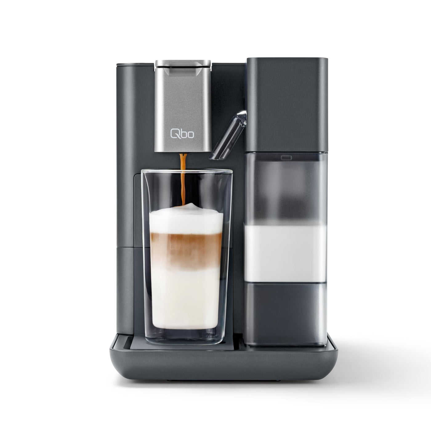 Tchibo Qbo MILK MASTER Premium Kapselmaschine inkl. 24 recyclebare Qbo Kapseln für Cappuccino, Espresso, Caffè Crema, Milchschaum auf Knopfdruck mit abnehmbarem Milchtank 300ml, Gently Grey