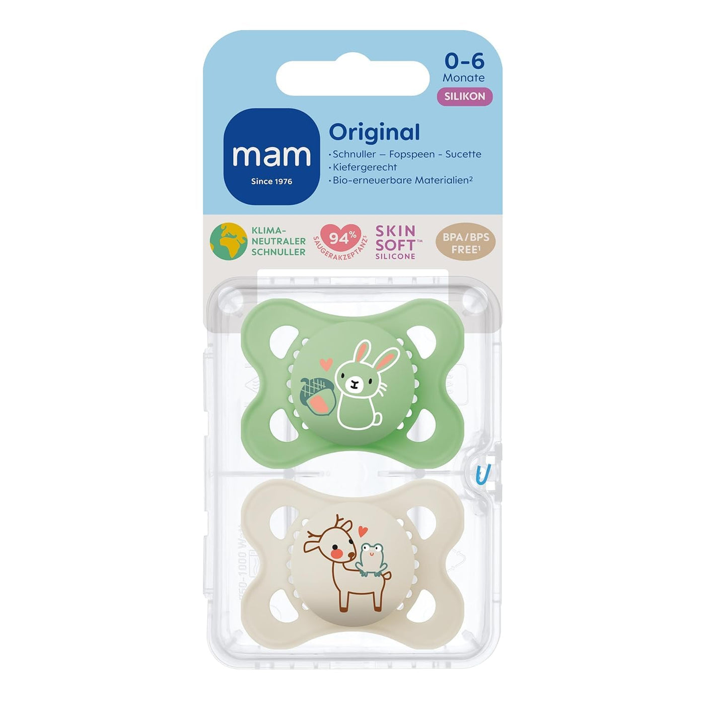 MAM Original Schnuller im 2er-Set, zahnfreundlicher Baby Schnuller aus nachhaltigen & bio-erneuerbaren Materialien, Sauger aus MAM SkinSoft Silikon, mit Schnullerbox, 0-6 Monate, Hase/Reh