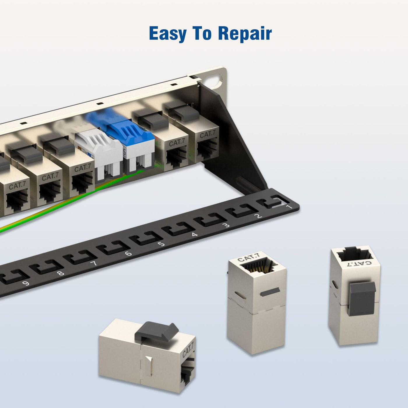 FGB 10Gbps 1U Patchpanel mit 24 Anschlüssen und Cat7 RJ45 geschirmter Keystone-Koppler, 19-Zoll-Rackmount- oder Wandmontage-Patchpanel mit Rückleiste, Netzwerk-Patchpanel für Gigabit-Netzwerk-Switch