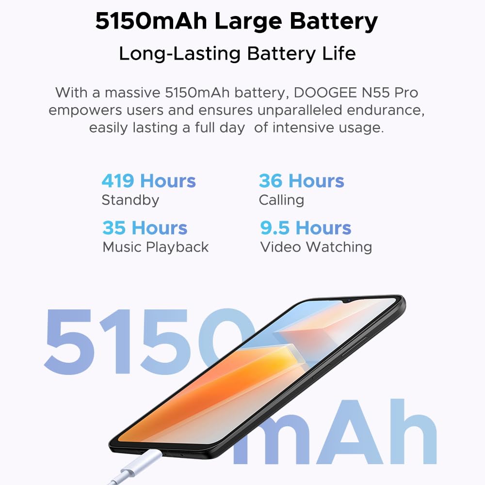 DOOGEE N55 PRO Unlocked Smartphone Ohne Vertrag 2024, 16GB + 256GB 1T-Erweiterung, Android 14, 13MP Kamera + 8MP, 6.56 Zoll, 5150mAh Akku, NFC Simlockfreie Handys 4G Phones Face ID Schwarz