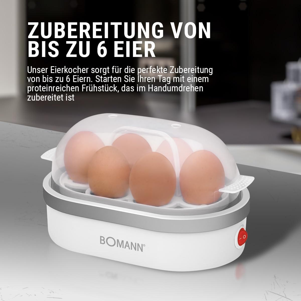 Bomann® Eierkocher für bis zu 6 Eier | Egg Cooker mit antihaftbeschichteter Heizschale | Egg Boiler mit Summer | elektrischer Eierkocher inkl. Eihalter & Messerbecher mit Eipicker | EK 5022 CB