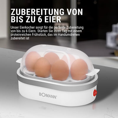 Bomann® Eierkocher für bis zu 6 Eier | Egg Cooker mit antihaftbeschichteter Heizschale | Egg Boiler mit Summer | elektrischer Eierkocher inkl. Eihalter & Messerbecher mit Eipicker | EK 5022 CB