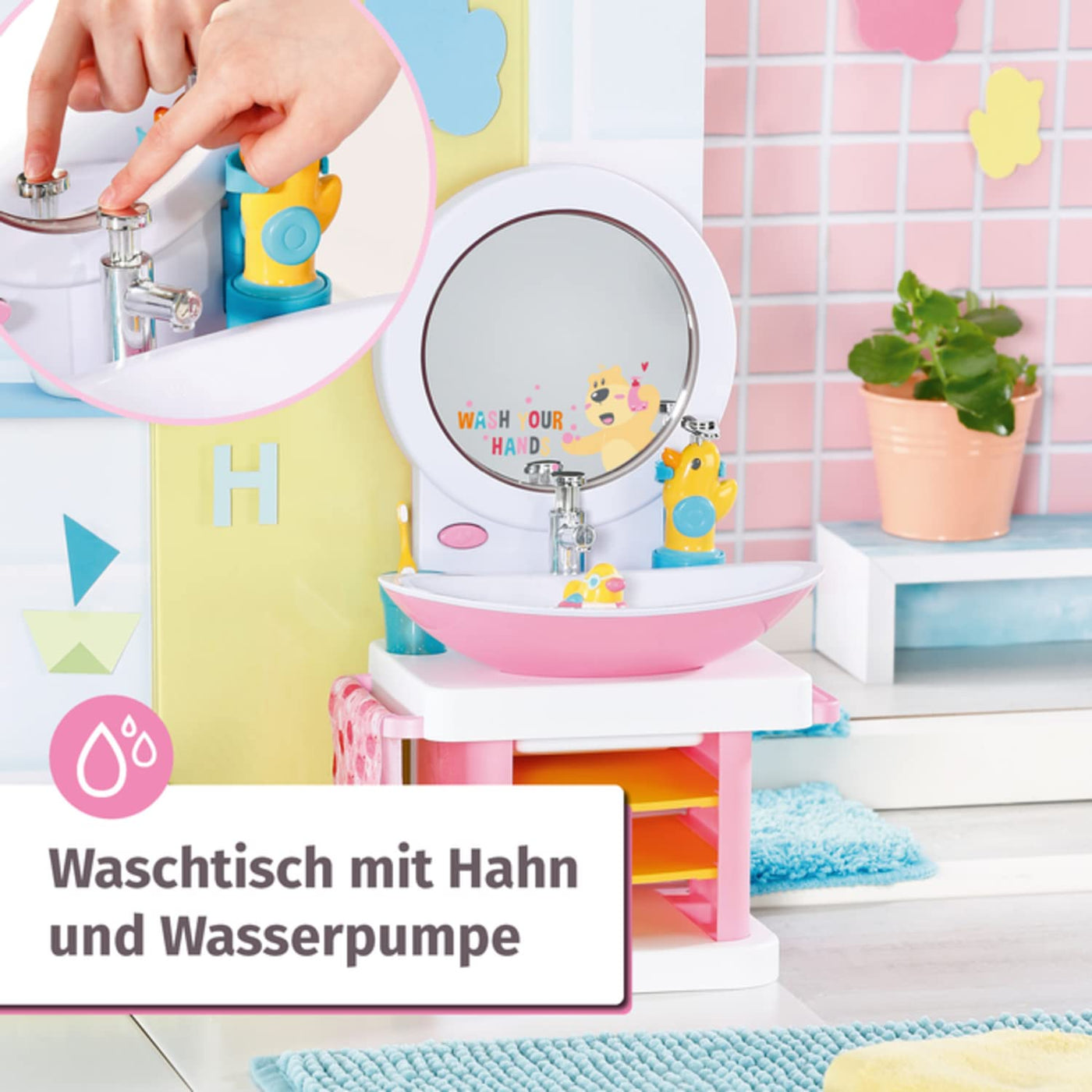 BABY born Bath Waschtisch, interaktiver Puppenwaschtisch mit Licht- und Soundfunktion, Zahnbürste, Zahnputzbecher, Seifenspender und Handtuch, 832707 Zapf Creation