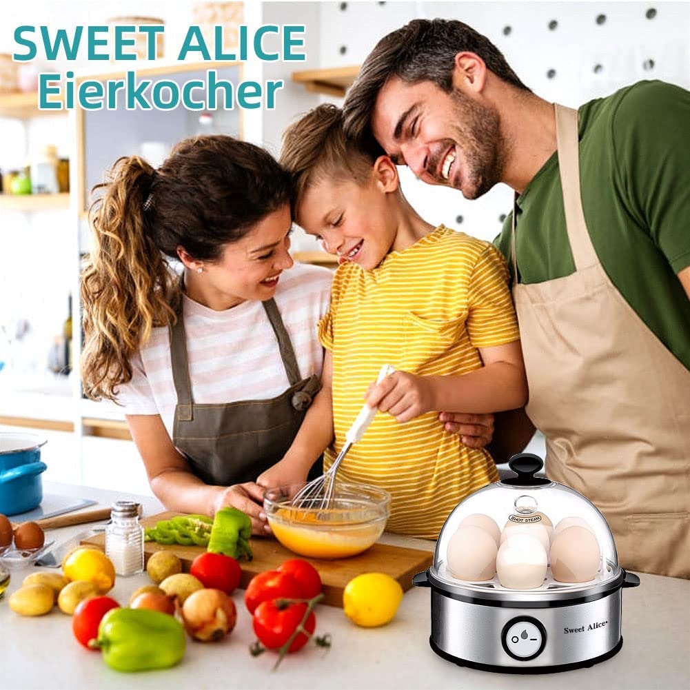 Sweet Alice Eierkocher Edelstahl, Eierkocher Testsieger, Eierkocher für 1-7 Eier mit Härtegradeinstellung, Indikationsleuchte Abschaltautomatik,Messbecher, Überhitzungsschutz, BPA-frei, 360 Watt