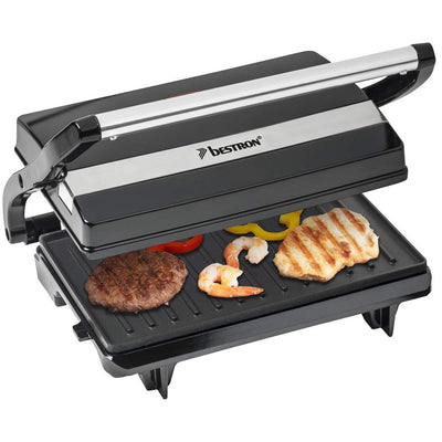 Bestron elektrischer Kontaktgrill mit Auffangschale, Sandwichmaker mit Cool-Touch-Handgriff, Paninimaker mit Antihaftbeschichtung, 700 Watt, APM123Z, Farbe: Schwarz, 22,5 x 14 cm