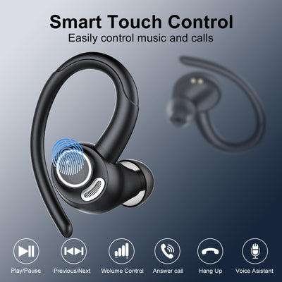 Csasan Bluetooth Kopfhörer Sport, Kopfhörer Kabellos Bluetooth 5.3 mit Ohrhaken, 48Std 3D Stereo In Ear Kopfhörer mit ENC Mic, Dual LED-Anzeige, Touch Control, IP7 Wasserdicht Ohrhörer(2024)