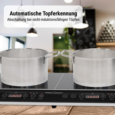 ProfiCook® Induktionskochfeld mit Glaskeramikoberfläche | Induktionskochfeld 2 Platten | Kochplatte mit 180 Min.-Timer & 16 Stufen | Induction Plate mit aut. Abschaltung | 3500 W | PC-DKI 1067