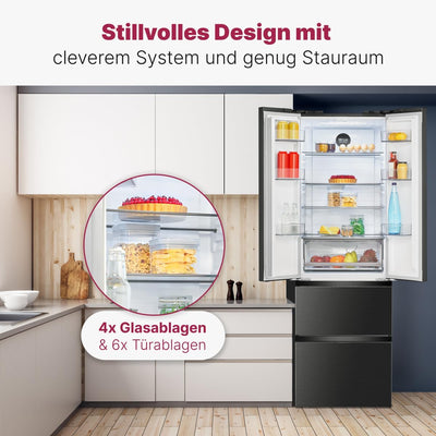 Bomann® French Door Kühlschrank No Frost | Kühl-Gefrier-Kombinationen mit Total No Frost | Kühlschrank mit Gefrierfach 400L | Side by Side Kühlschrank mit MultiAirflow-System | KG 7354 schwarz-inox