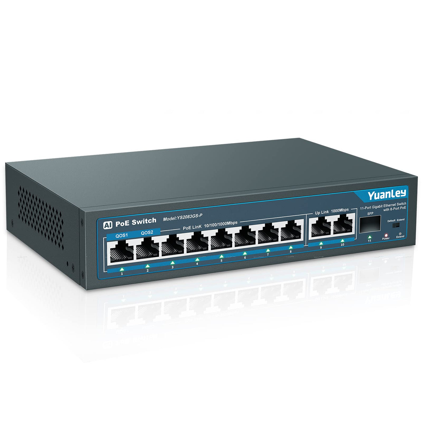 YuanLey 11 Port Gigabit PoE Switch, 8 PoE+ Port 1000 Mbit/s, 2 Gigabit Uplink, 1 SFP Port, 120W 802.3af/at, Metall, Qos, Nicht Verwalteter Plug and Play Ethernet Smart Detection Ethernet Switch