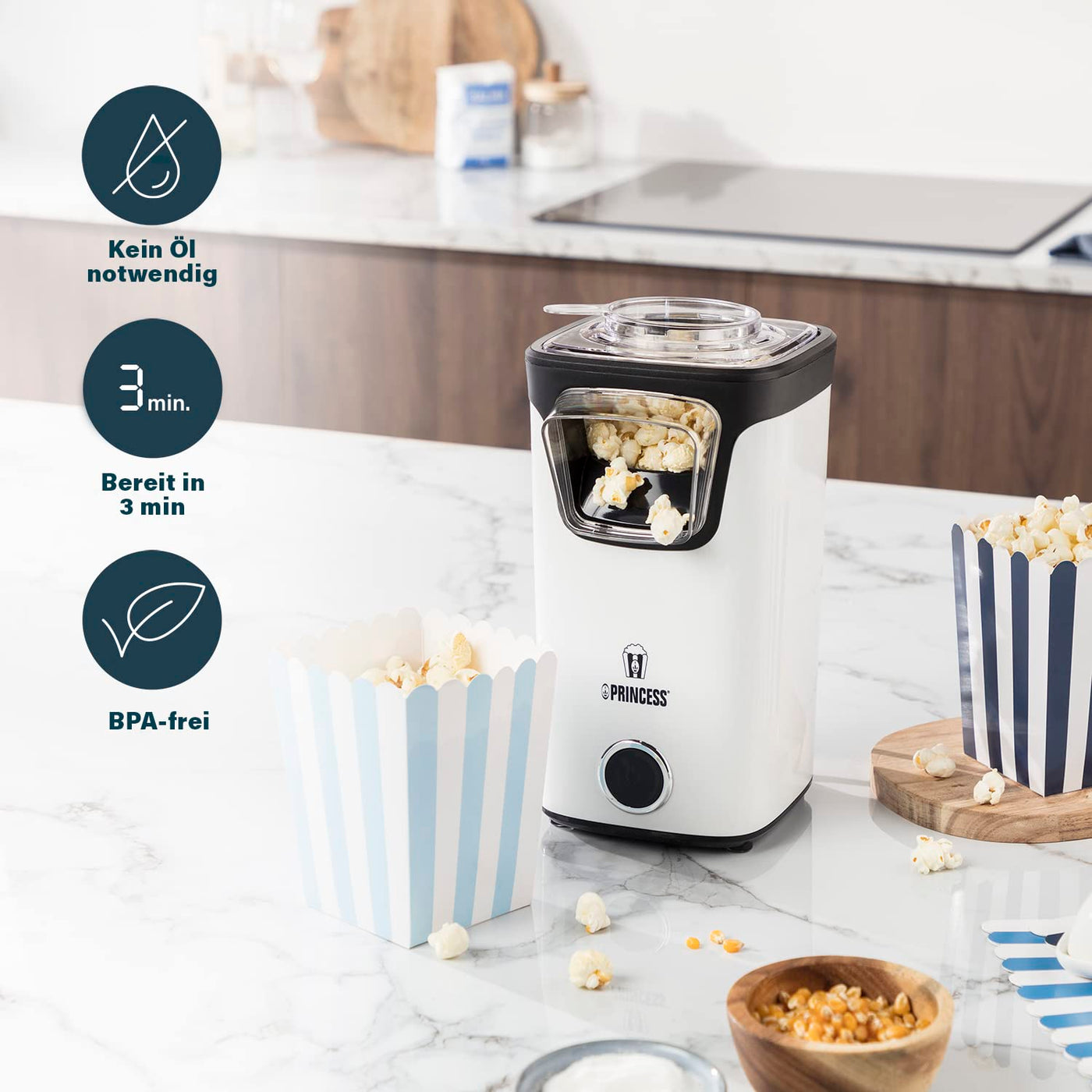 Princess Heißluft Popcornmaschine - Popcorn ohne Öl und Fett, Messlöffel, transparenter Deckel, Nachfüllöffnung, 1100 Watt, 292986