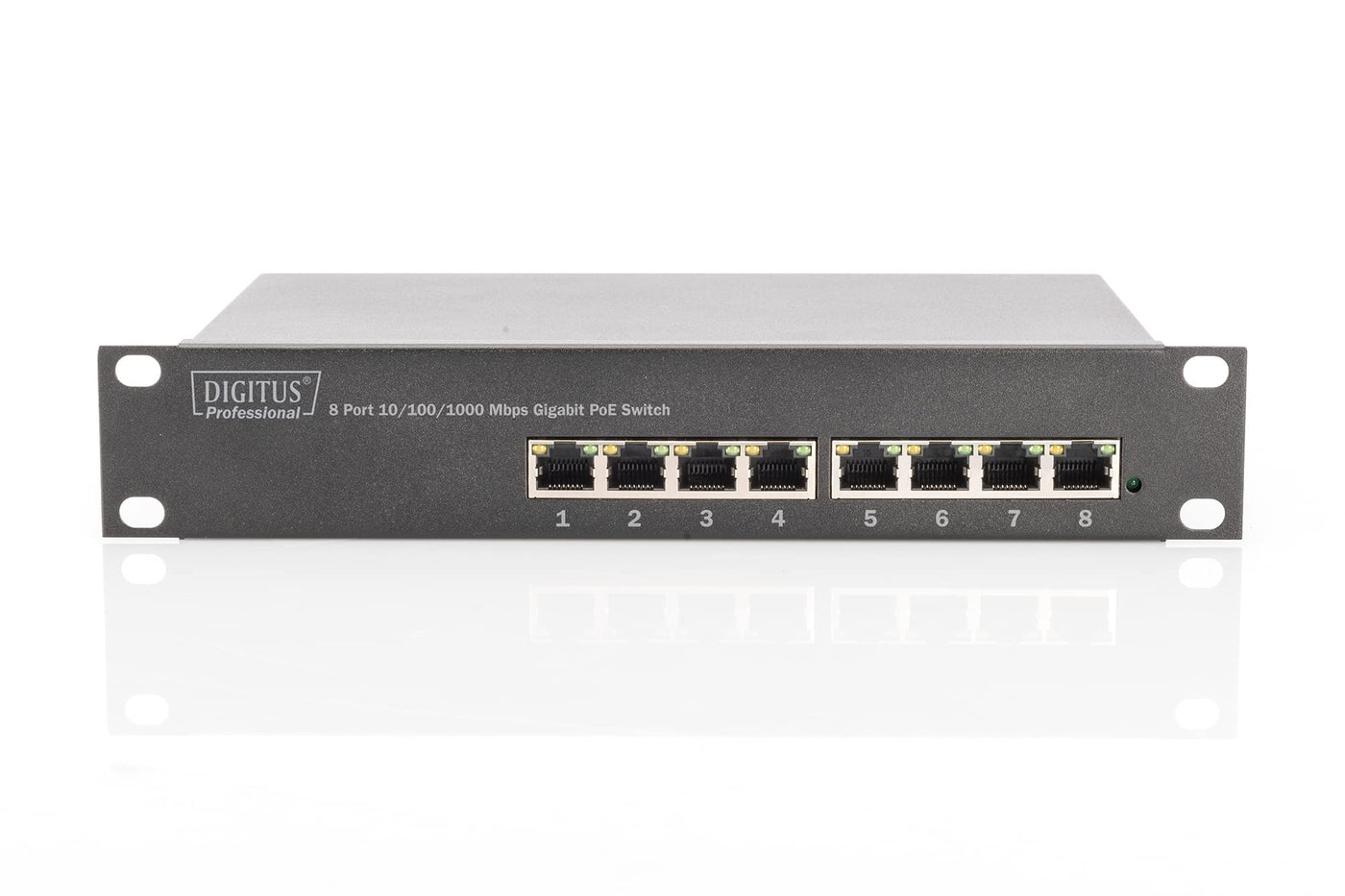 DIGITUS Gigabit Ethernet PoE+ Switch - 10 Zoll - 8 Ports - Unmanaged - IEEE 802.3at - 96 Watt Powerbudget - Schwarz