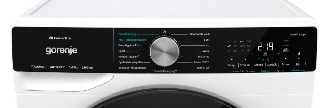 Gorenje WNS14A4ATS Waschmaschine mit Dampffunktion/ConnectLife /10Kg /1400 U/min /15 Programme/Totaler AquaStop/Wave Active Trommel/Sport/ExtraHygiene/PowerWash/Schnell Waschgang/EEK: A-40%