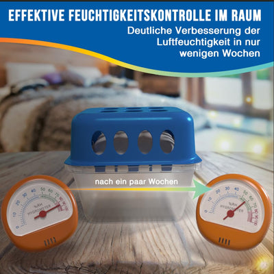 Delmara 4x Luftentfeuchter Set inkl. 1x Hygrometer – Raumentfeuchter ohne Strom mit 4x 400g Granulat – gegen Feuchtigkeit & Schimmel, wiederverwendbar