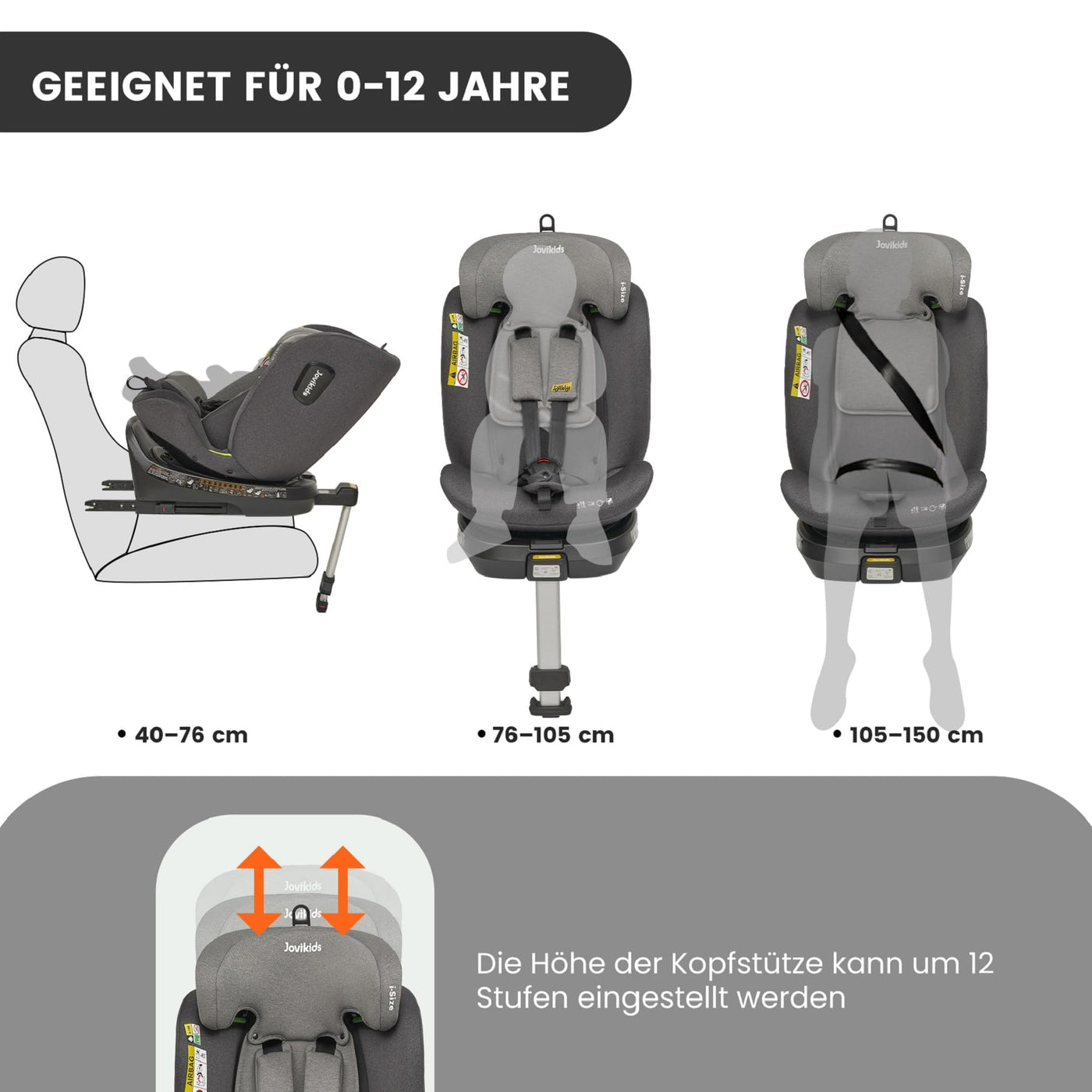 Jovikids 360° Drehbar Kindersitz mit ISOFIX, i-Size 40-150cm(ab Geburt -12 Jahre) Baby Autositz Reboarder mit Liegefunktion & Abnehmbar Vordach, ECE R129 (grau)