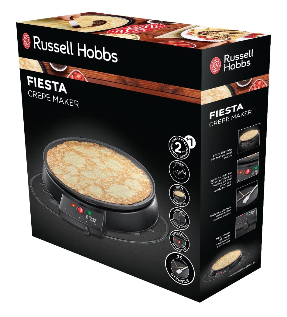 Russell Hobbs Crêpes Maker [Ø30cm, antihaftbeschichtete Platte, inkl. Teigverteiler & Wender] Fiesta Elektrogrill (für Crepes, Pancakes, Galettes & Burritos, Taccos, 1000W) Tischgrill 20920-56