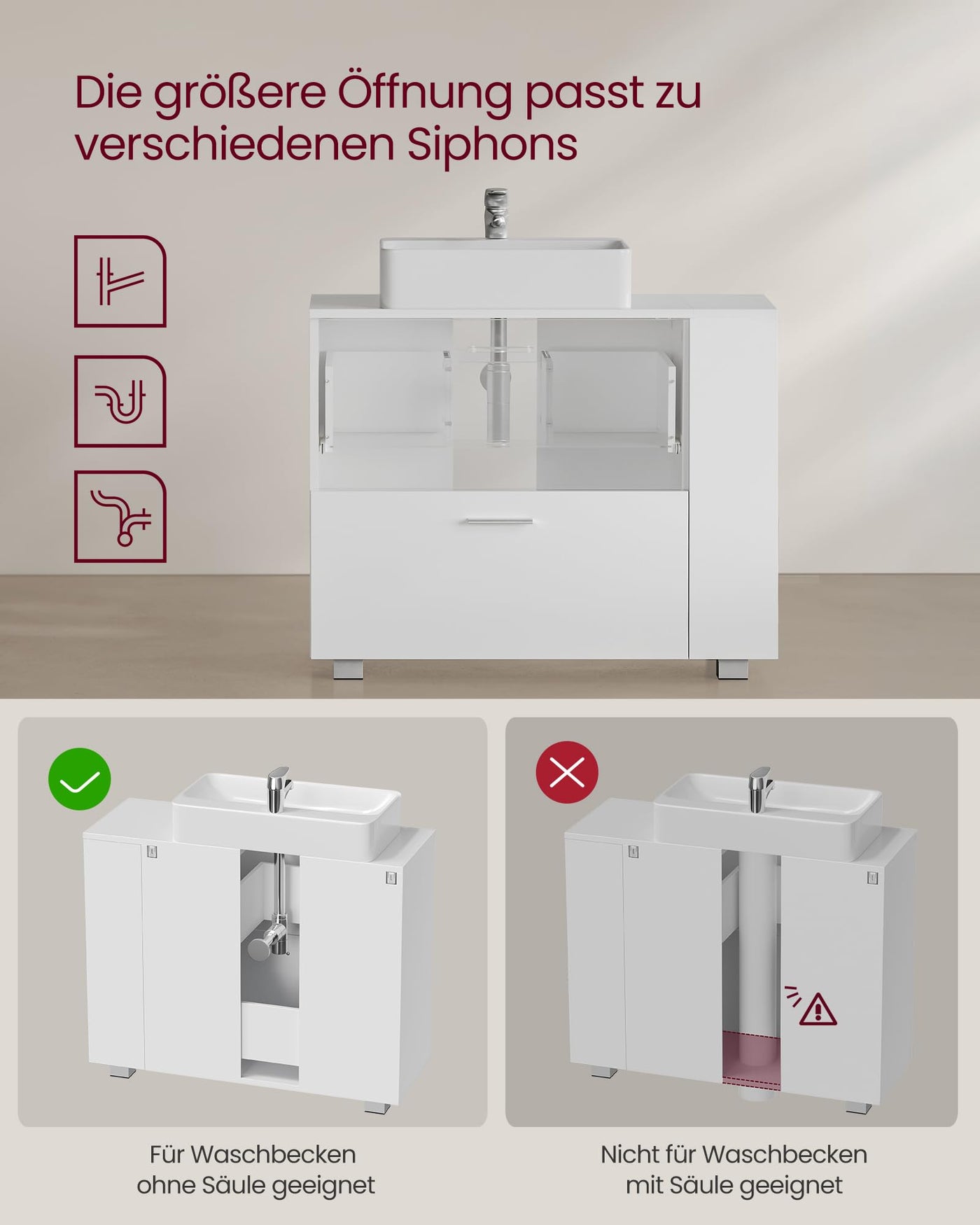 VASAGLE Waschbeckenunterschrank, offene Fächer an Einer Seite, rechts oder Links austauschbar, Badschrank, große Öffnung für Siphons, 30 x 80 x 64 cm, wolkenweiß BBK502W01