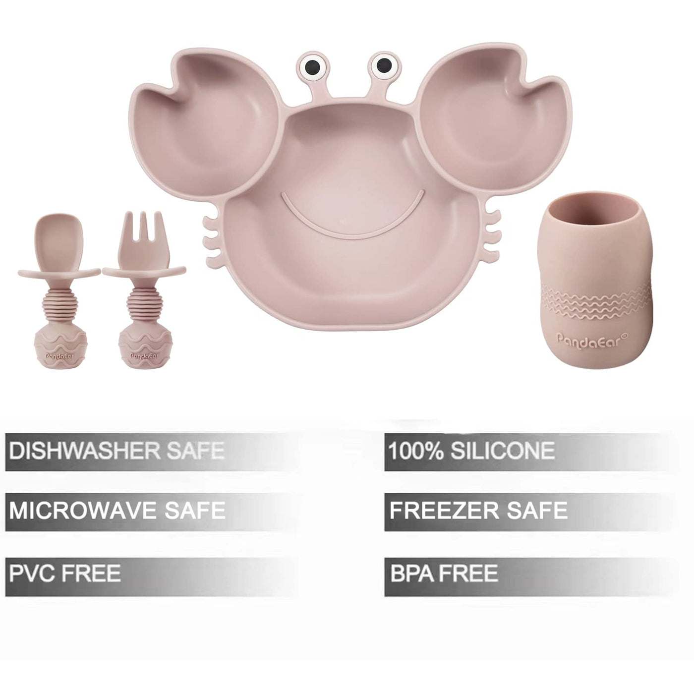 PandaEar Assiette divisée pour enfants avec ventouse et tasse à boire, cuillère - Assiette pour bébé en silicone antidérapante 3 compartiments, ensemble de vaisselle pour bébé sans BPA