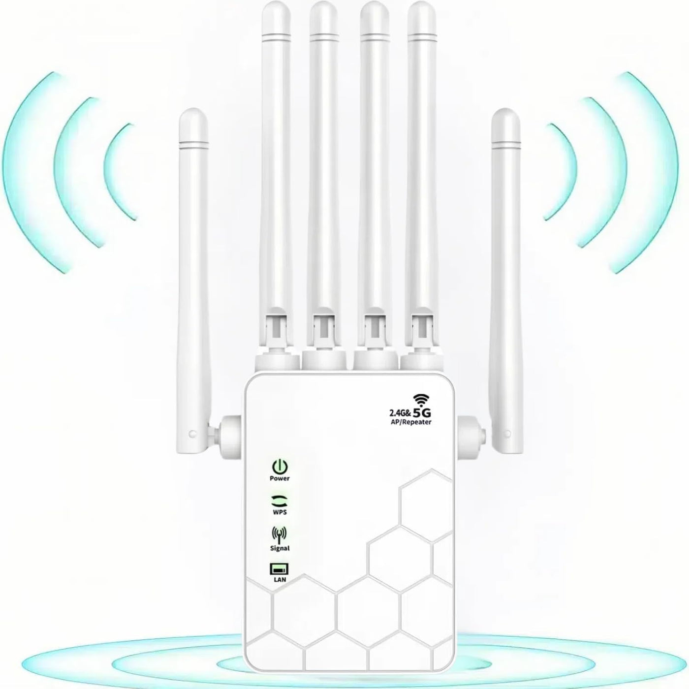 WiFi Repeater, 1200 MPS Dual Band 5GHz und 2.4GHz WiFi Extender, Repeater/Router/AP Modus, WiFi Signalverstärker mit 6 leistungsstarken Antennen, 2 LAN Ports, passend für Zuhause/Büro, etc.