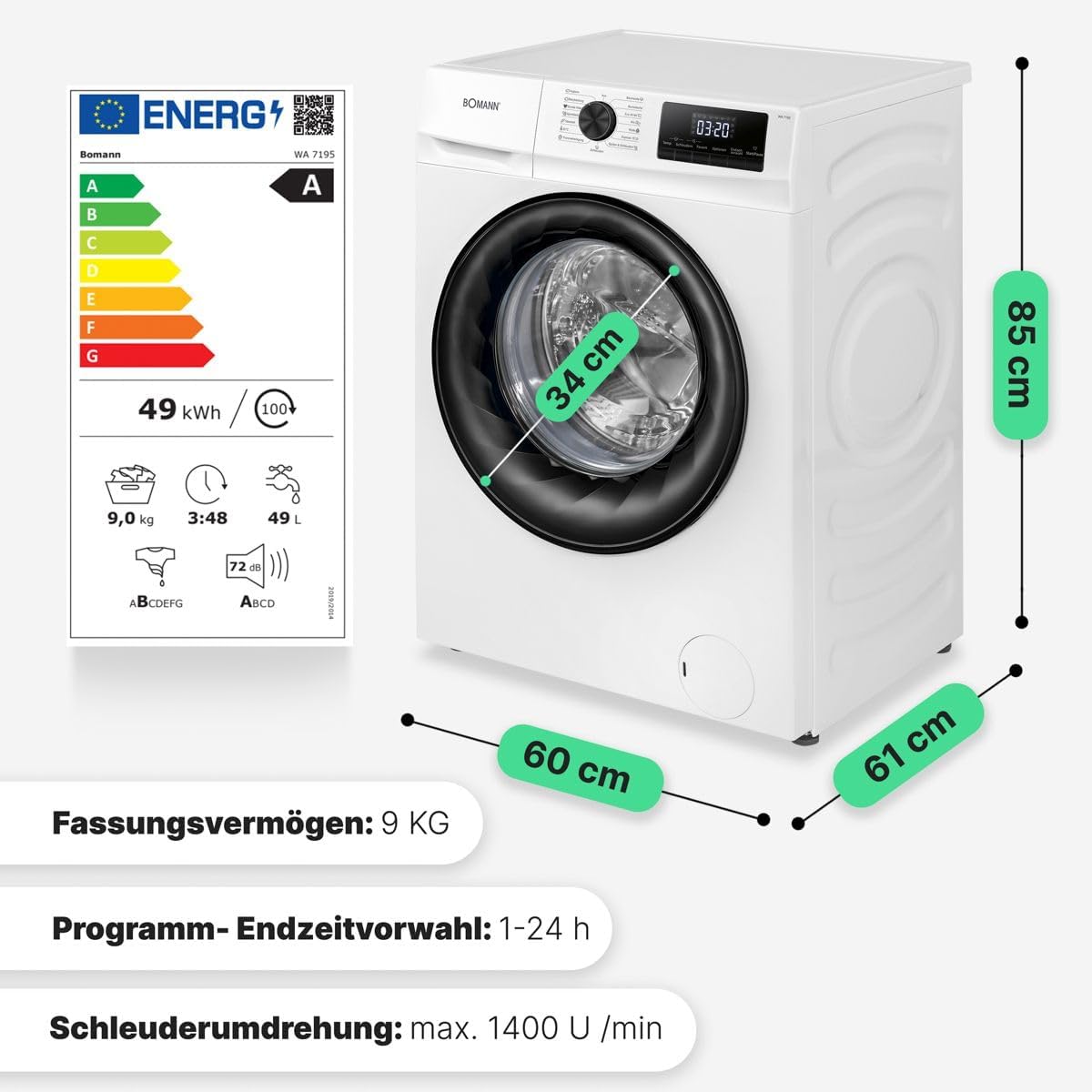 Bomann® Waschmaschine 9kg | max. 1400 U/min | 10 Jahre Motor-Garantie | effizienter, leiser & langlebiger Invertermotor | 15 Programme | Endzeitvorwahl | LED-Display | Washing Machine WA 7195