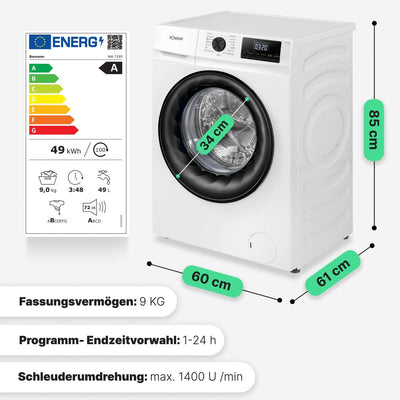 Bomann® Waschmaschine 9kg | max. 1400 U/min | 10 Jahre Motor-Garantie | effizienter, leiser & langlebiger Invertermotor | 15 Programme | Endzeitvorwahl | LED-Display | Washing Machine WA 7195