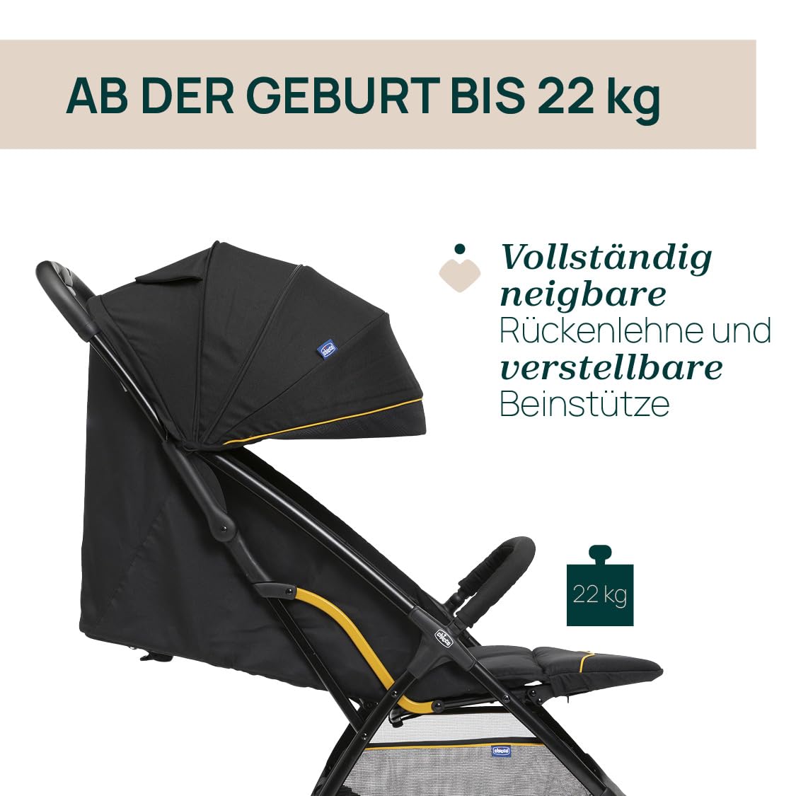 Chicco, Glee, Kinderwagen ab 0 Monate bis 4 Jahre, mit Automatik- und Kompaktverschluss, Ausziehbares Verdeck mit Lichtschutzfaktor 50+ und Regenschutz, 3-stufig verstellbare Rückenlehne, Beinauflage