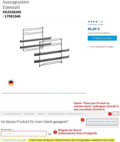 Bosch HEZ538000 Zubehör für Backöfen, Teleskopauszug 1-fach ebenenunabhängig, Edelstahl, Made in Germany