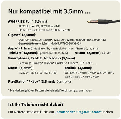 GEQUDIO Headset mit 3,5mm Klinke kompatibel mit FritzFon C6, X6, MacBook, Smartphone, Speedphone, Notebook, PC, Laptop - Kopfhörer & Mikrofon mit Ersatz Polster - leicht 60g (1-Ohr)