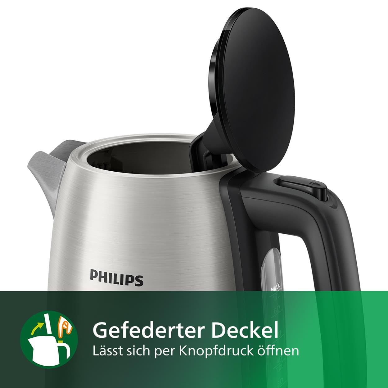 Philips Wasserkocher – 1.7 L Fassungsvermögen mit Kontrollanzeige, Edelstahl, Pirouettenbasis (HD9350/90) 2200 Watt, ‎23 x 15.6 x 24.3 cm, Schwarz ( EU-Stecker)