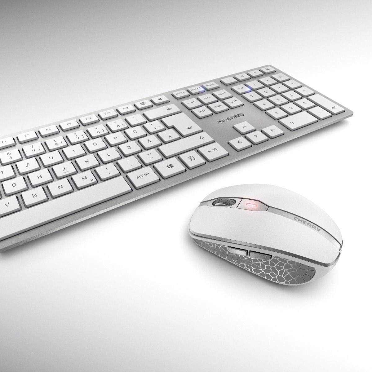 CHERRY DW 9000 SLIM, Kabelloses Tastatur- und Maus-Set, Französisches Layout (AZERTY), Bluetooth & 2,4 GHz Funk, Leise Tasten, Wiederaufladbar, Weiß-Silber